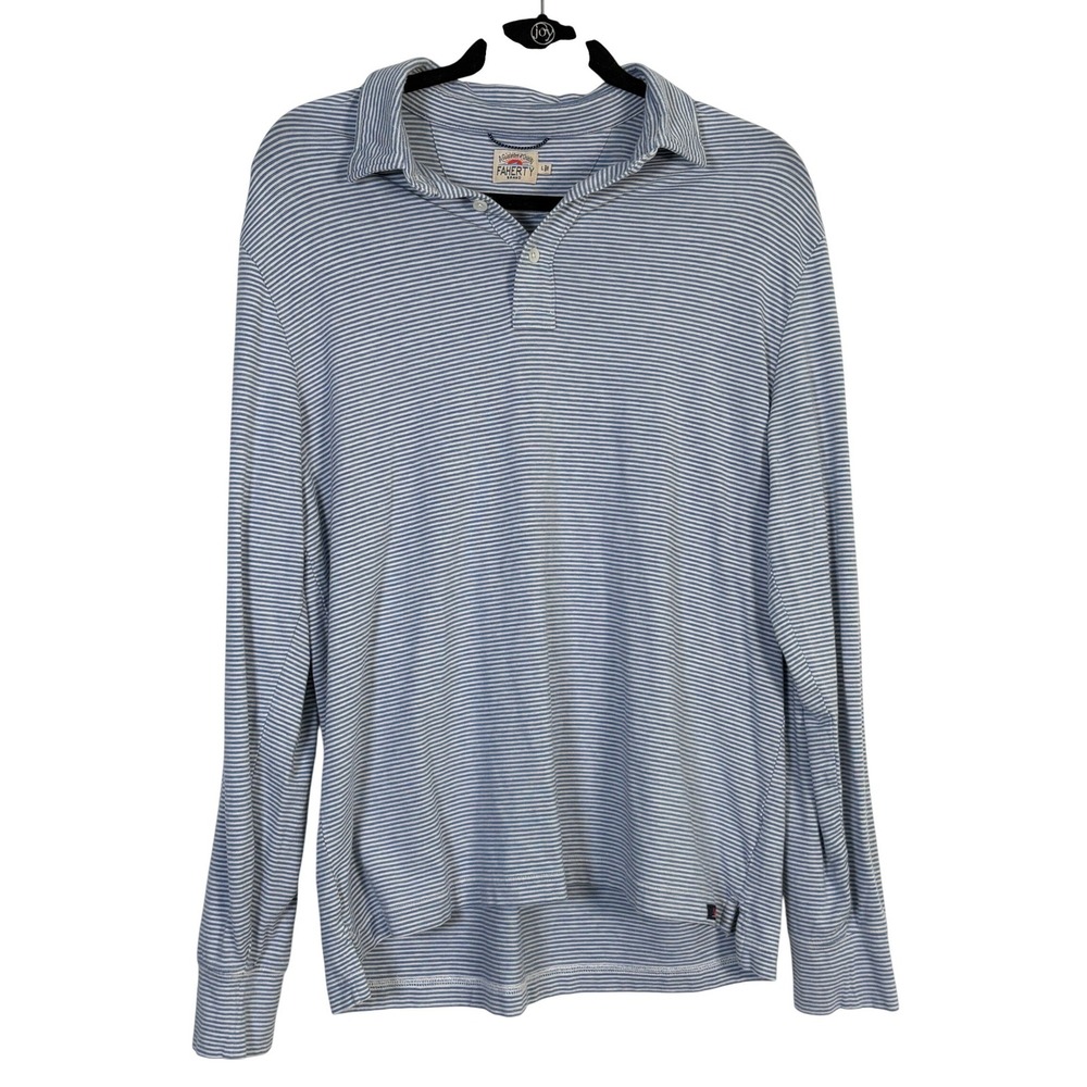 Faherty Brand Mens Long Sleeve Polo Shirt Blue White Stripe Size L Knit Cotton
